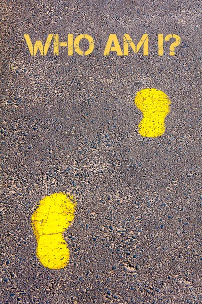 Yellow footsteps on sidewalk towards Who Am I message — Stock Photo, Image