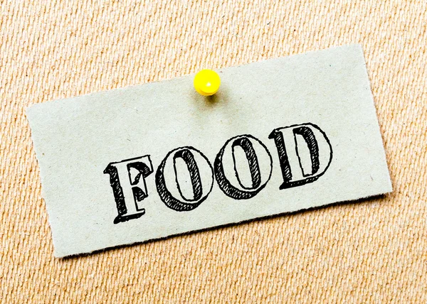 Recycled paper note pinned on cork board. Food Message — Stock Photo, Image