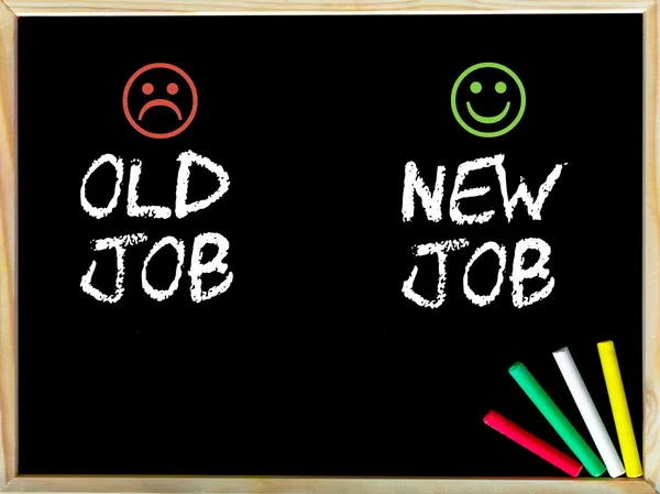 Old job versus New job message with sad and happy emoticon faces — Stock Photo, Image