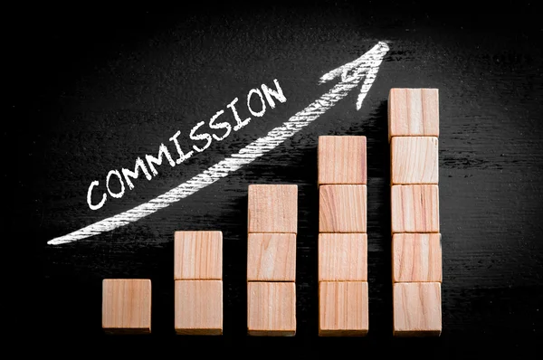 Slovo Komise o stoupající nad pruhového grafu — Stock fotografie
