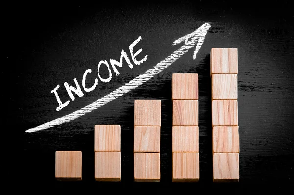 Słowo dochodu na rosnącej strzałka powyżej wykresu słupkowego — Zdjęcie stockowe