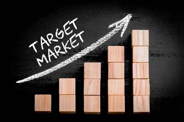 Palabras Mercado objetivo en flecha ascendente por encima del gráfico de barras — Foto de Stock