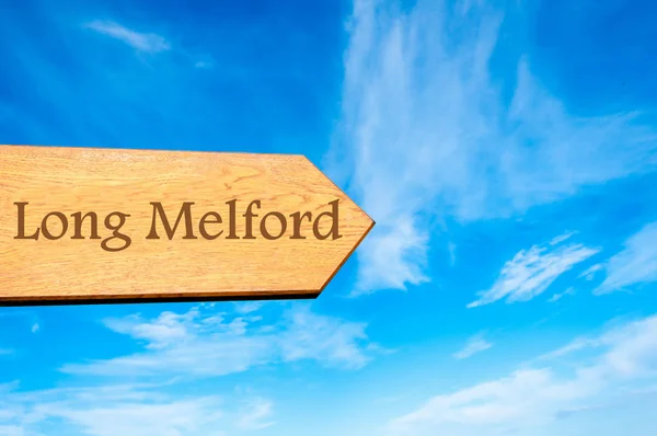 Wooden arrow sign pointing destination LONG MELFORD, ENGLAND — Stock Photo, Image