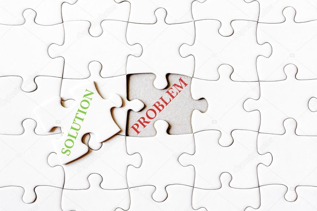 Missing jigsaw puzzle piece with word SOLUTION