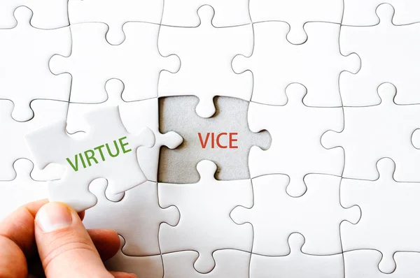 Missing jigsaw puzzle piece with word VIRTUE — Stock Photo, Image