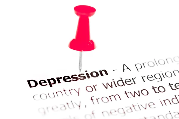 Word DEPRESSION pinned on white paper with red pushpin — Stock Photo, Image