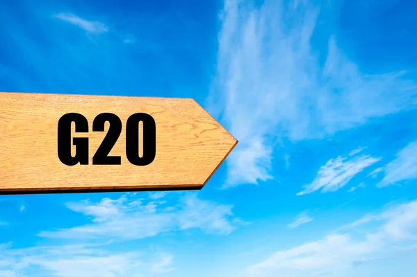 Señal de flecha de madera que apunta a destino G20 SUMMIT — Foto de Stock