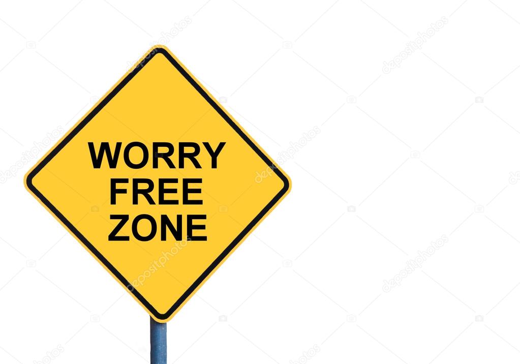 Yellow roadsign with WORRY FREE ZONE message Stock Photo by