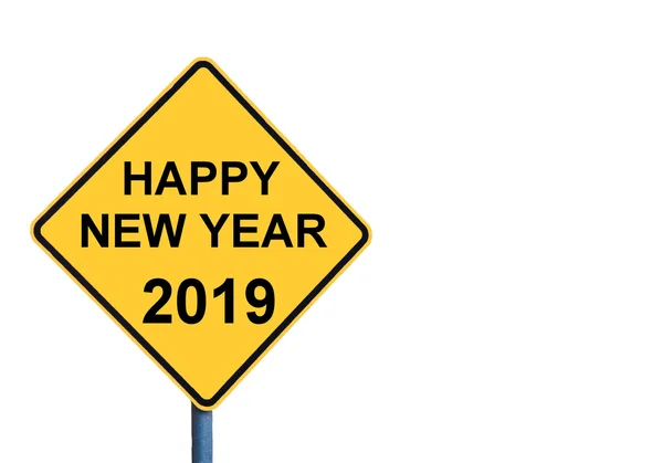 Boldog új évet 2019 üzenettel sárga roadsign — Stock Fotó
