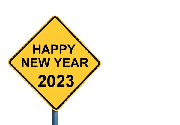 Yellow roadsign dengan pesan HAPPY NEW YEAR 2023 — Stok Foto