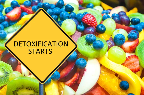 Yellow roadsign with message DETOXIFICATION STARTS — Stok fotoğraf