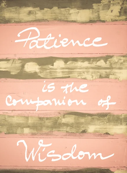 L'immagine concettuale di Patience è la compagna della Sapienza citazione motivazionale scritta a mano su parete di legno dipinta vintage — Foto Stock