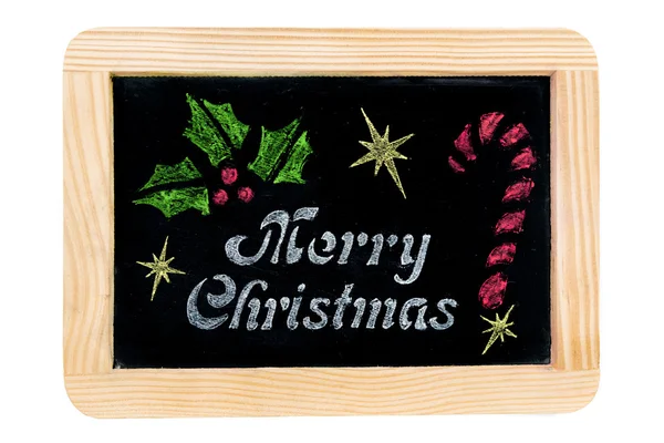 木制相框复古黑板用圣诞消息和手绘上白色孤立的符号 — 图库照片