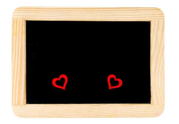 Wooden frame vintage chalkboard isolated on white with pair of red heart shape symbol — Stock Photo, Image