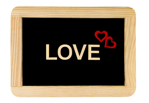 Holzrahmen Vintage-Kreidetafel isoliert auf weiß mit Wort Liebe aus Holz Buchstaben geschaffen — Stockfoto