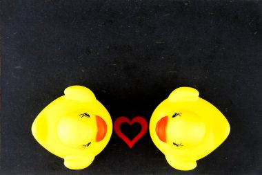 Siyah Kara tahta arka plan ve kırmızı kalp şekli arasında aşk kavramı üzerinde izole sarı lastik ördek çifti