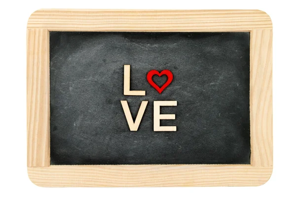 Quadro de madeira chalkboard vintage isolado no branco com palavra AMOR criado de letras de madeira — Fotografia de Stock