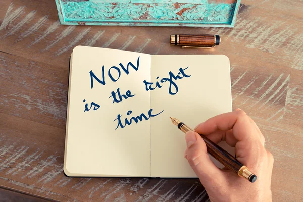 Motivational concept with handwritten text NOW IS THE RIGHT TIME — Stock Photo, Image