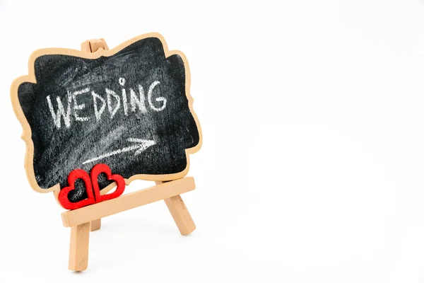 Wooden easel mini blackboard, text WEDDING — Stock Photo, Image