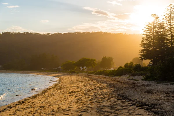 平静阳光明媚的海滩，日落在背景中 — 图库照片