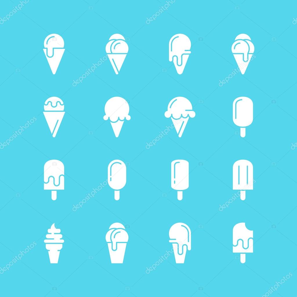 Ice cream icons. Vector set of simple symbols. White silhouettes on  blue background.