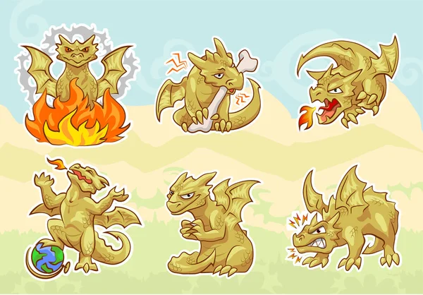 Cute golden dragon stickers set, emotions and activities — Stock Vector