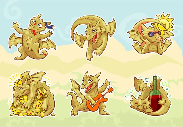 Cute golden dragon stickers set, emotions and activities — Stock Vector