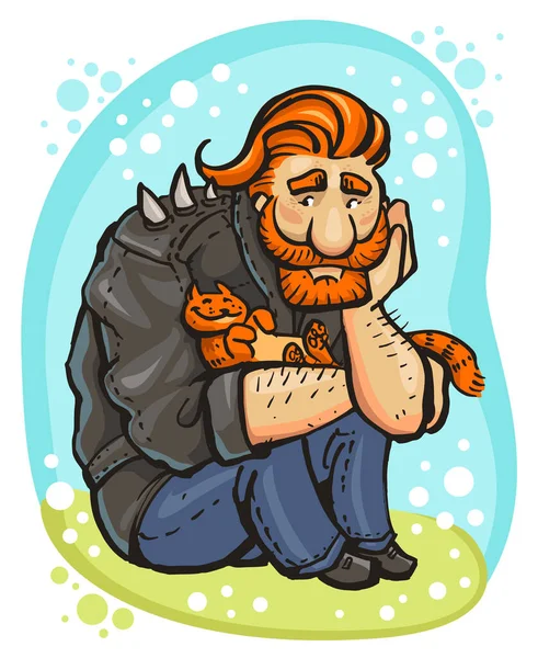 Big red-haired biker and his ginger cat — Stock Vector