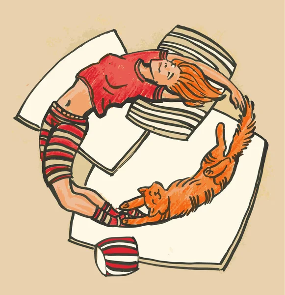 Chica y su gato están tumbados contentos en las almohadas estiradas y formando un anillo con sus cuerpos — Archivo Imágenes Vectoriales