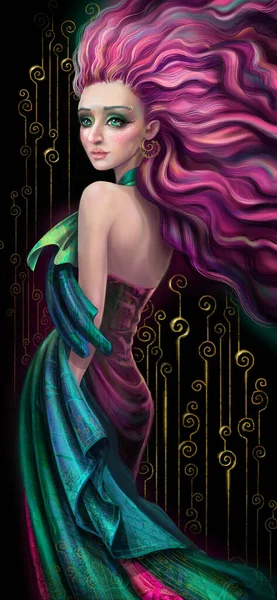 画一个美丽的女孩与波浪形粉红色的头发与艺术装饰风格的暗示。从后面。蓝绿色连衣裙,丝绸 — 图库照片