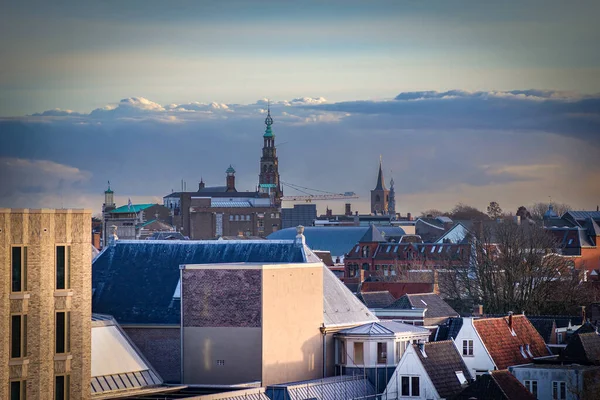 Panoramic View Leiden Netherlands Church Towers Cloudy Sky —  Fotos de Stock