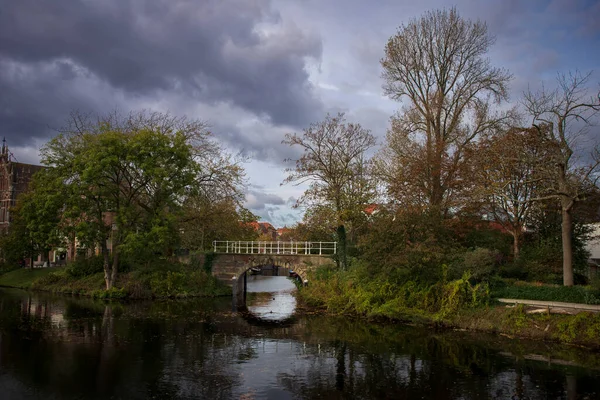 Imagen Árboles Multicolores Puente Cielo Nublado Otoño Leiden Países Bajos —  Fotos de Stock