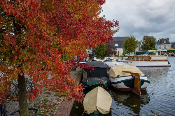 Beautiful Autumn Red Treetop Boats Background — Stock Photo, Image