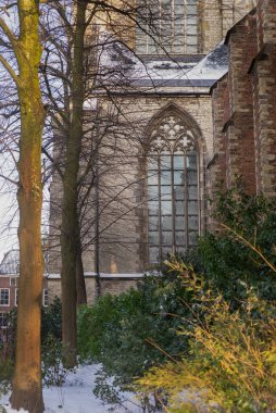 Pieterskerk 'in ayrıntıları, Leiden' da kar altında Aziz Peter 'a adanmış geç dönem Gotik bir kilisedir.