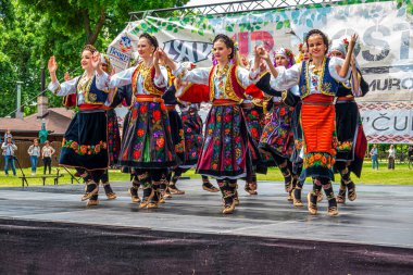 29 Mayıs 2021, Belgrad, Sırbistan, Ada Gölü 'ndeki 12. Barbekü Festivali ve ziyaretçileri eğlendiren ünlü halk dansçıları grupları