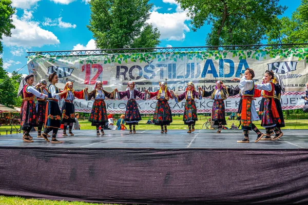 29 Mayıs 2021, Belgrad, Sırbistan, Ada Gölü 'ndeki 12. Barbekü Festivali ve ziyaretçileri eğlendiren ünlü halk dansçıları grupları