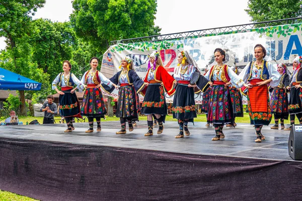 29 Mayıs 2021, Belgrad, Sırbistan, Ada Gölü 'ndeki 12. Barbekü Festivali ve ziyaretçileri eğlendiren ünlü halk dansçıları grupları