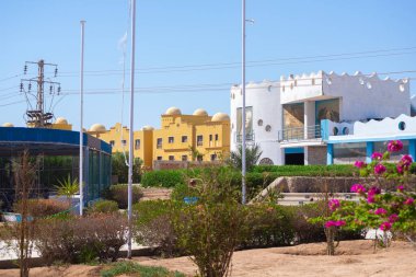 White and blue Delphinarium buildings stand beside yellow domed structures in Hurghada, framed by hedges, desert soil, flowered shrubs, flagpoles and overhead power lines at noon. daylight!