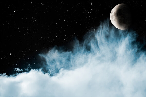 Wispy blue and cyan clouds in a sky filled with stars with a crescent moon rising.