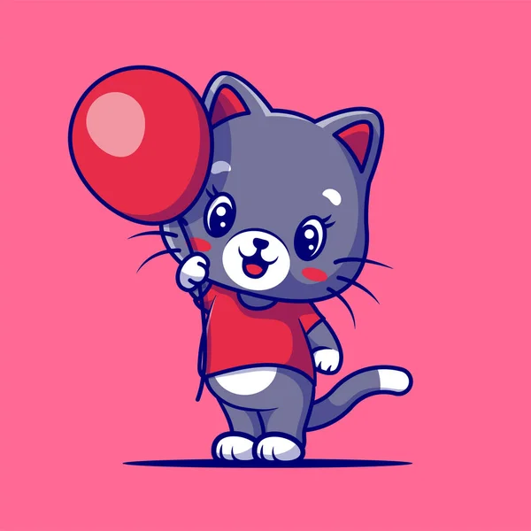 Mignon Chat Avec Dessin Animé Ballon Vecteur Illustration — Image vectorielle