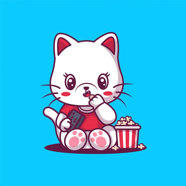 Söt Katt Äta Popcorn Illustration — Stock vektor