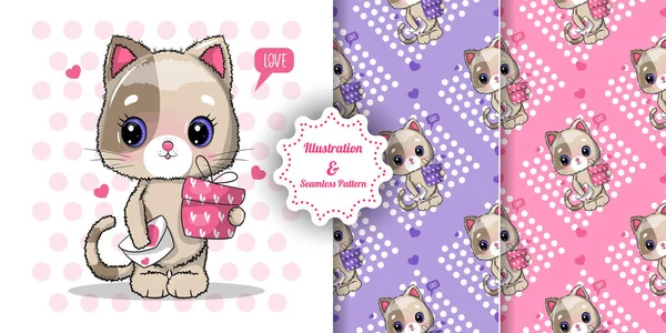 Cute Cat Gift Box Valentine Day Pattern Set — Stock Vector