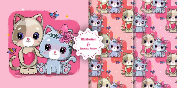 Cute Cat Couple Valentine Invitation Card Seamless Pattern — Stock Vector