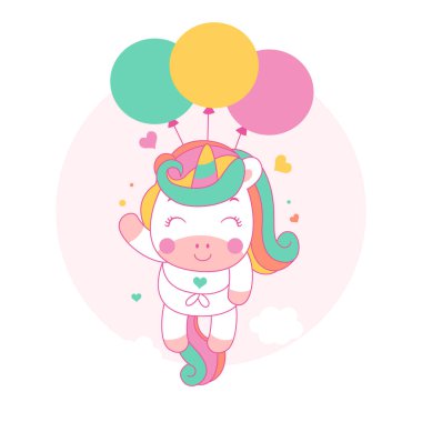 Tatlı tek boynuzlu at çizgi filmi, kawaii tarzı balonlarla uçuyor.