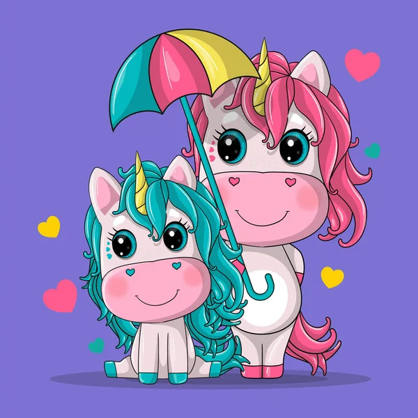 Linda Pareja Unicornio Con Paraguas Dibujos Animados Ilustración Vectorial Dibujado — Archivo Imágenes Vectoriales