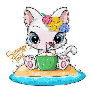 cute cartoon cat drink coconut. summer time