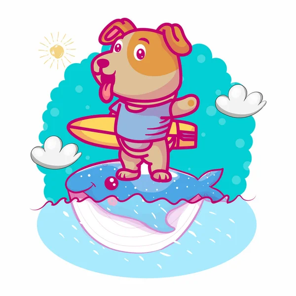 Schattig Hond Cartoon Met Surfer Walvis — Stockvector