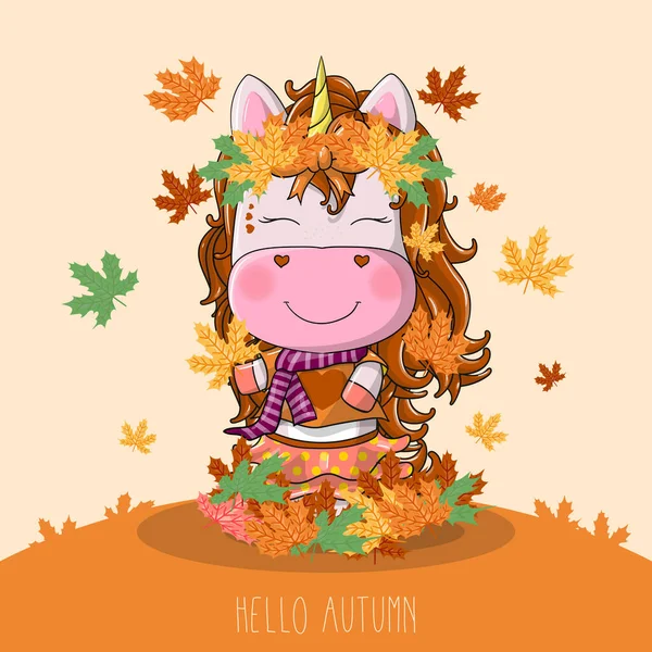 Unicornio Dibujado Mano Con Otoño — Vector de stock