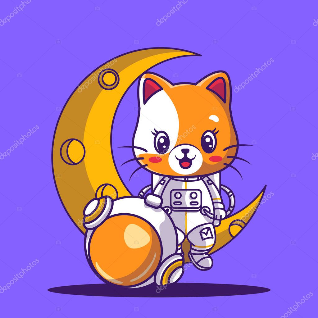 Cute astronaut playing sitting on a moon icon illustration
