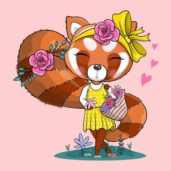 Roztomilý Karikatura Červená Panda Šátkem Květiny Vektorové Ilustrace — Stockový vektor